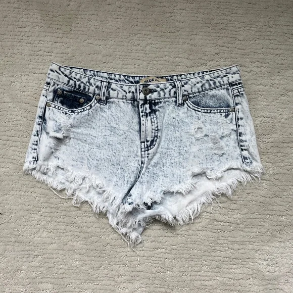 Blue Spice Acid Wash Distressed Denim Jean Shorts Frayed Festival Outfit Size 9 - Picture 6 of 13